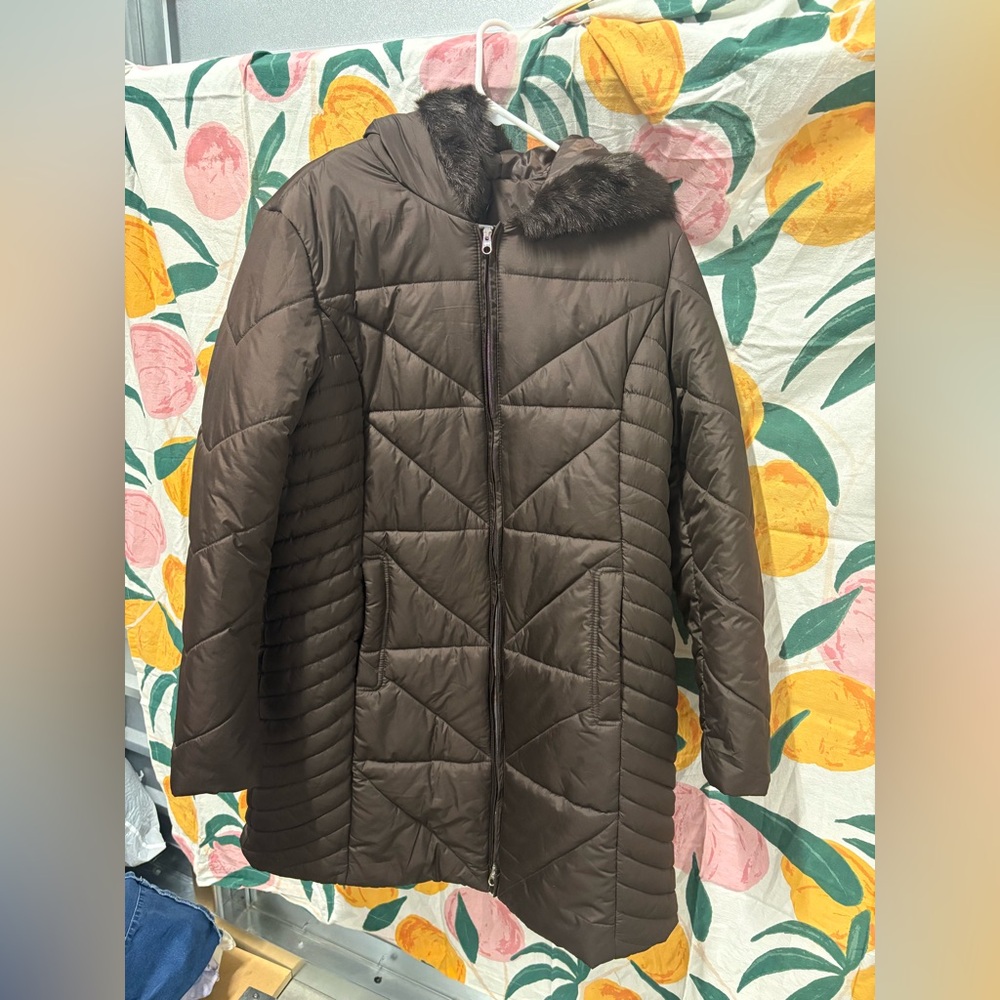 Dark brown puffy knee length jacket